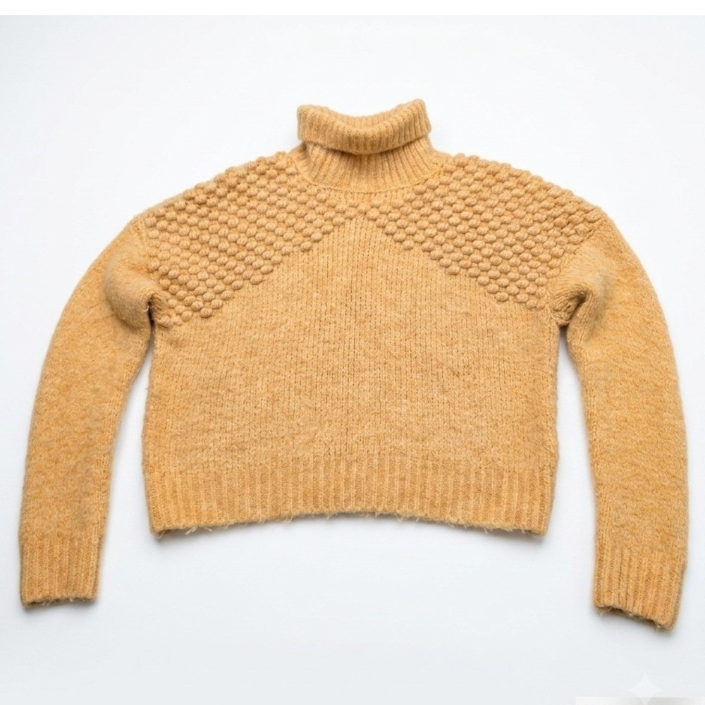 Free People Womens XS Sweater Mustard Yellow Turtleneck Cropped Bobble Knit